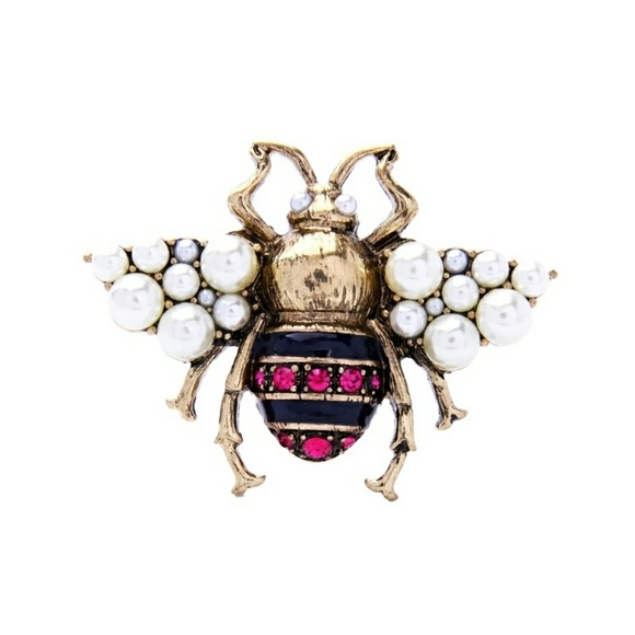 Enamel Glaze Pearl Crystal Bee Vintage Gold Brooch
